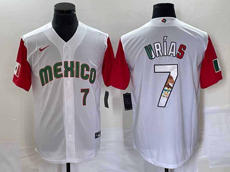 Mens Mexico Baseball #7 Julio Urias Number 2023 White Red World Classic Stitched Jersey8